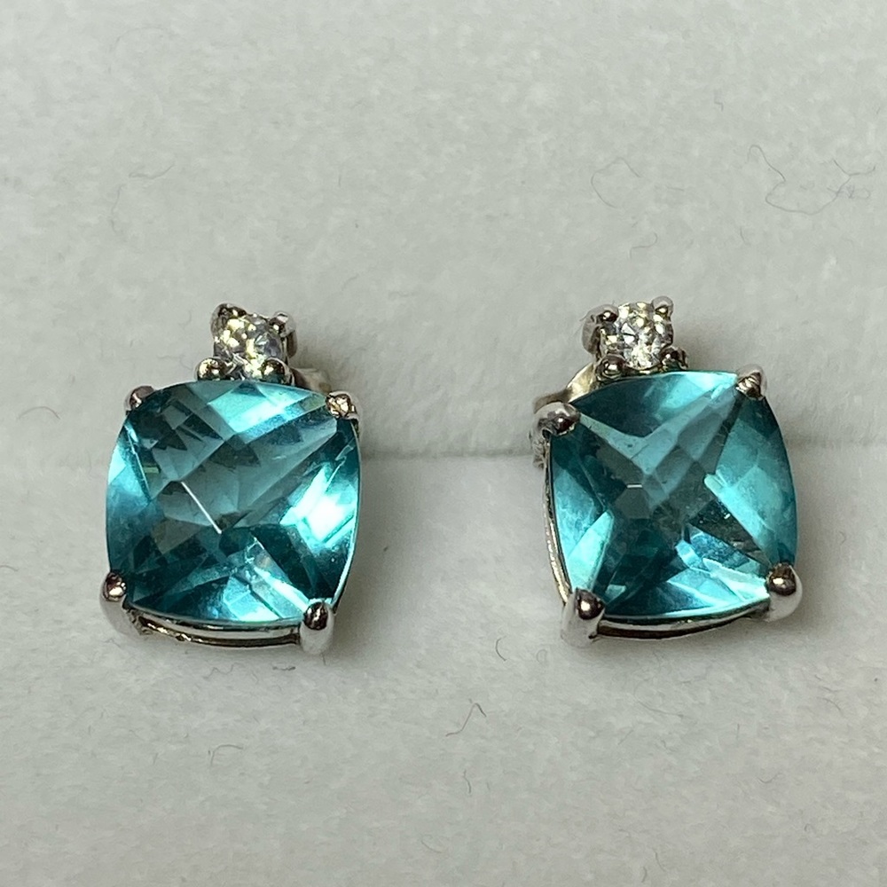 Blue topaz diamond sterling silver earrings